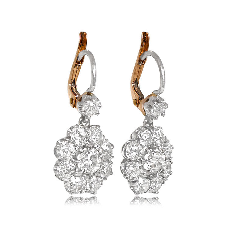 Floral motif diamond drop earring on wire with Euro backs