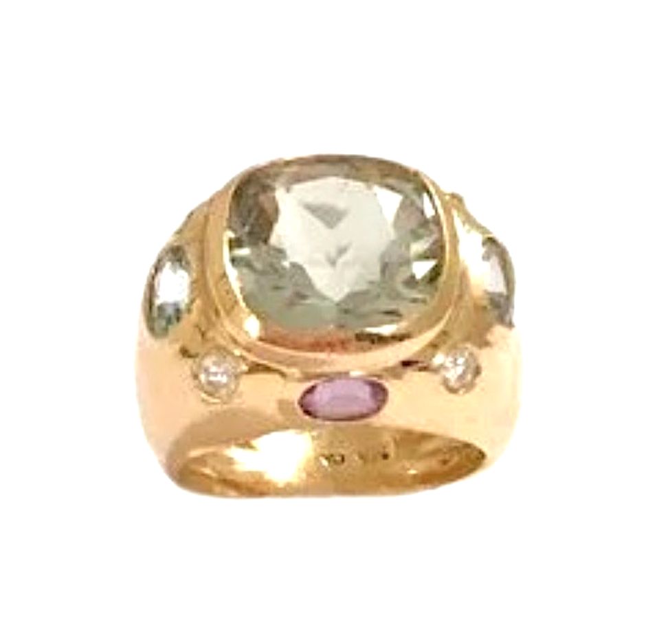 18kt Bonheur Ring with Green Amethyst, Amethyst and Blue Topaz
