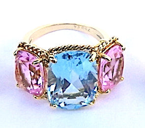 Elegant Three-Stone Ring with Gold Rope Twist Border with Blue Topaz and Pink Topaz
