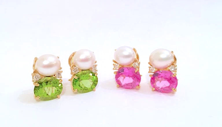 Large GUM DROP™ Earrings with Pearls and Pink Topaz and Diamonds
