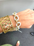 Elegant Alternating Yellow Gold Twist and White Jade Link Bracelet