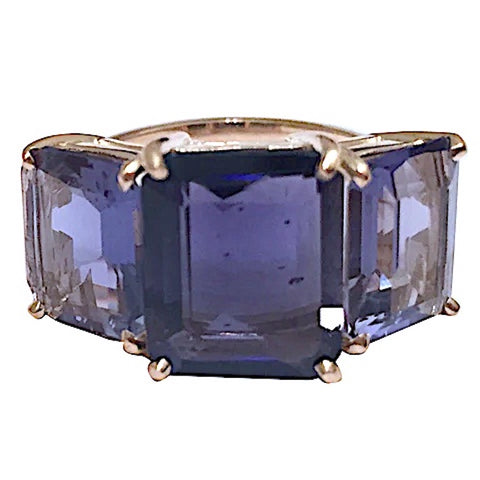 Bold Emerald Cut Iolite Three Stone Ring