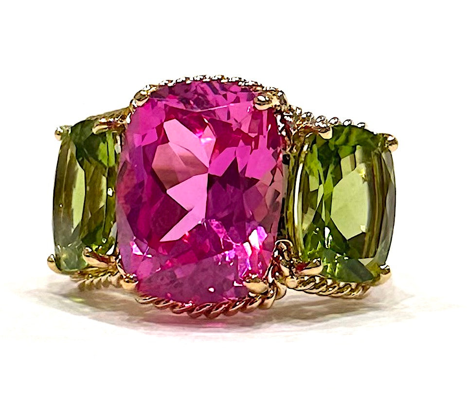 Elegant Three-Stone Ring with Gold Rope Twist Border