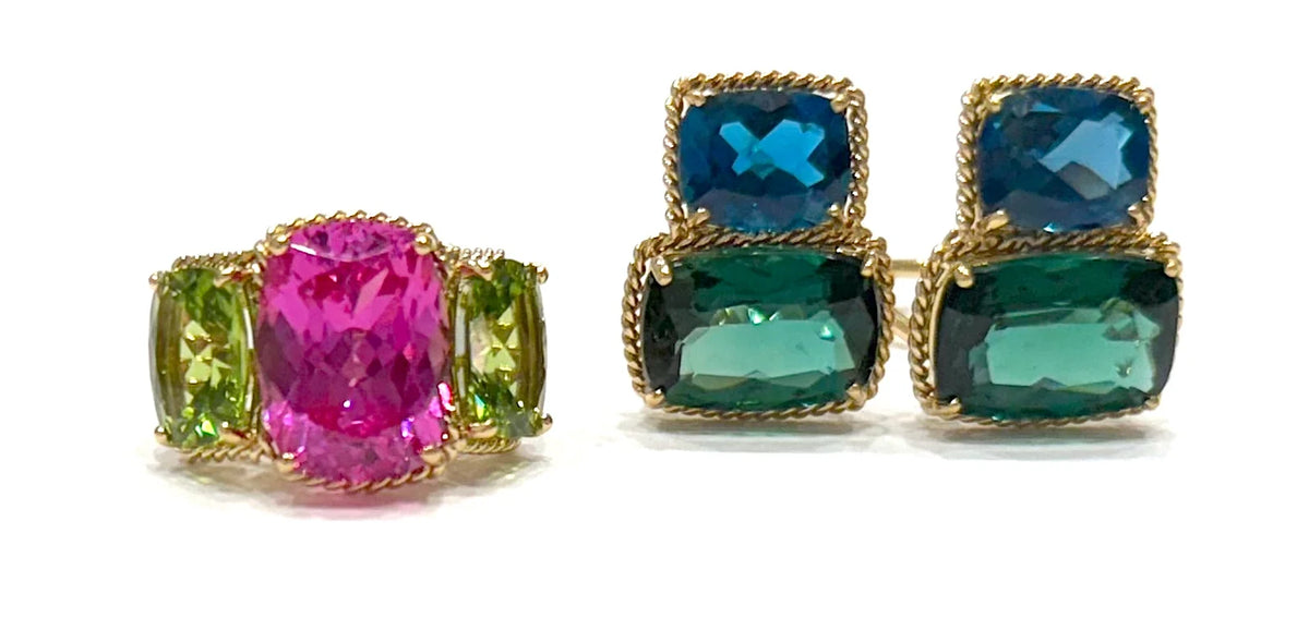 Double Cushion Pink and Blue Topaz Stone Diamond Yellow Gold Earrings