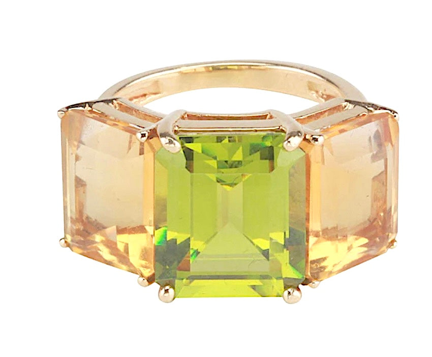 18kt Yellow Gold Mini Emerald Cut Ring with Orange Citrine and Blue Topaz