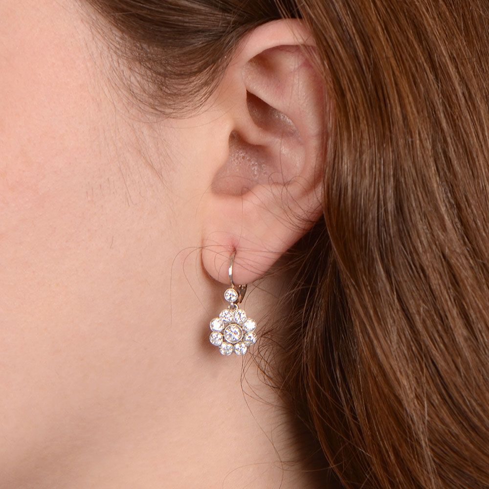Beautiful Platinum and Diamond Cluster drop earrings with Euro Back