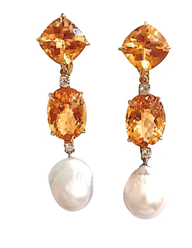 Three-Stone Drop Earring with Peridot Aquamarine South Sea Pearl