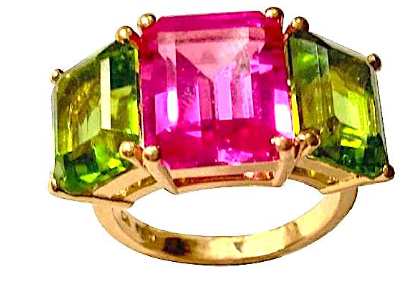 Bonheur Ring, Pink Topaz and Peridot and Diamond Yellow Gold Domed Ring