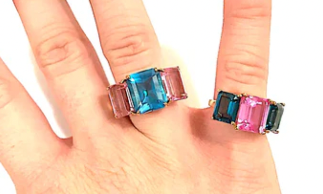 18kt Yellow Gold Mini Emerald Cut Ring with Blue Topaz and Peridot