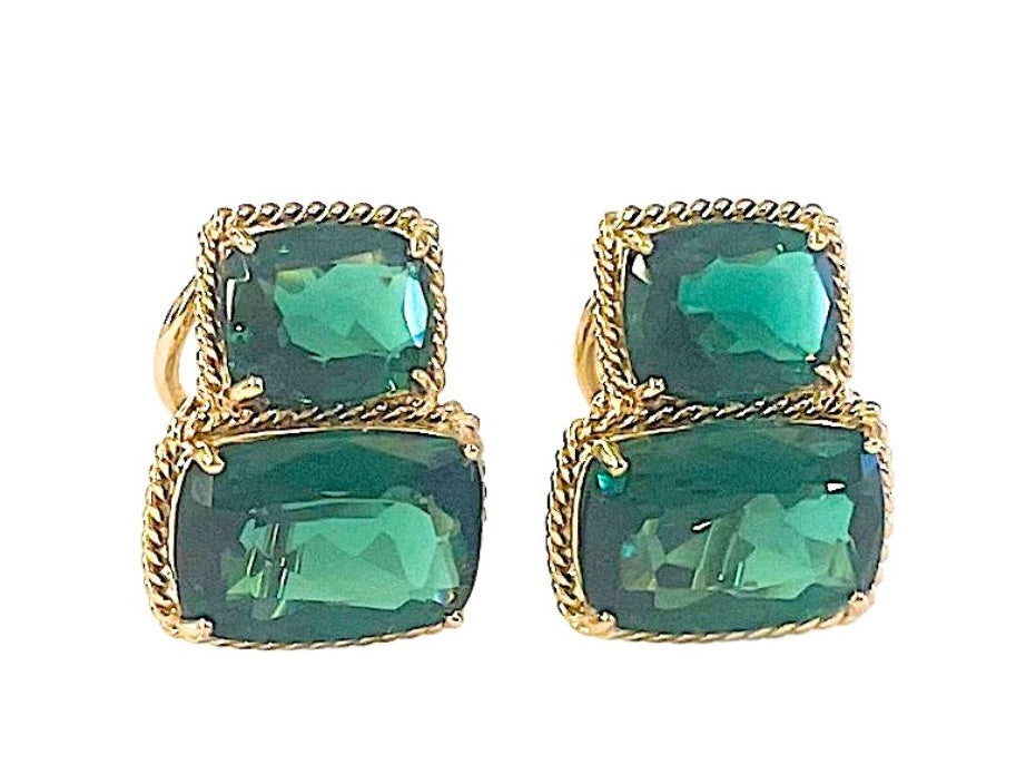 18kt Yellow Gold Cushion Cut Earring with Rope Twist Border with Green Quartz