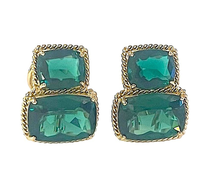 18kt Yellow Gold Cushion Cut Earring with Rope Twist Border with Green Quartz