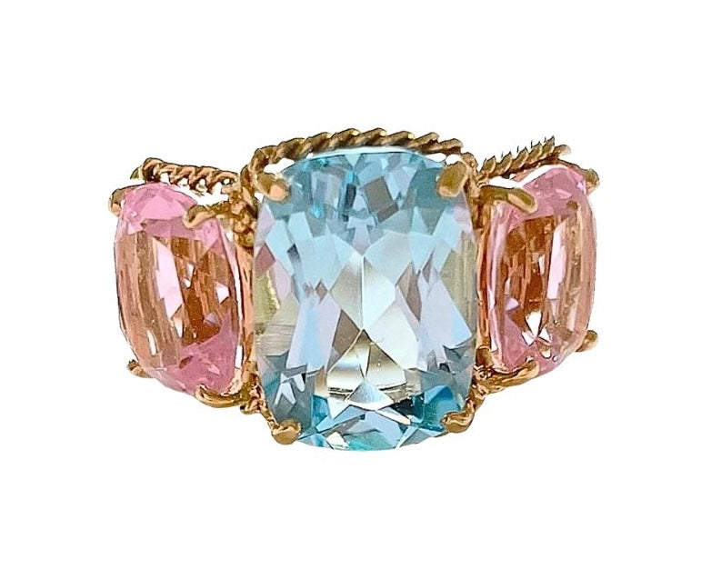 Blue Topaz and Iolite Three Stone Ring with Rope Twist Border