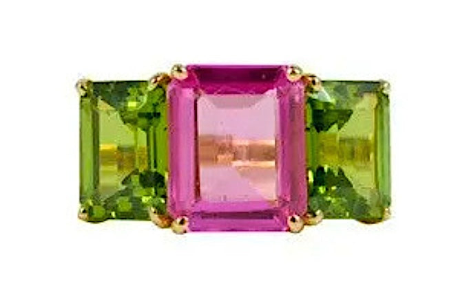 18kt Yellow Gold Emerald Cut Ring with Peridot and Pink Topaz
