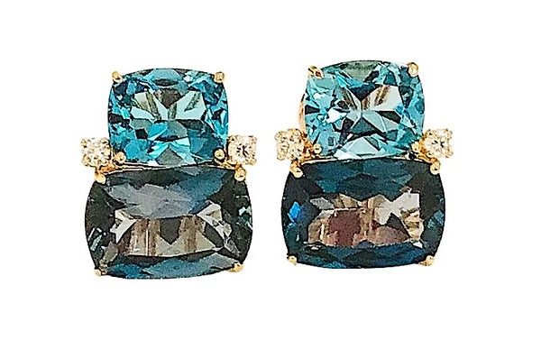 Double Cushion Pink and Blue Topaz Stone Diamond Yellow Gold Earrings