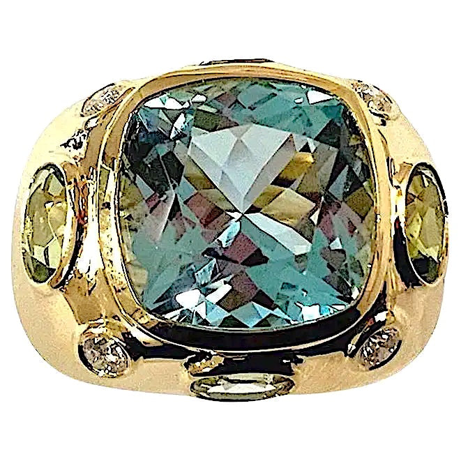 Bonheur Ring, Pink Topaz and Peridot and Diamond Yellow Gold Domed Ring