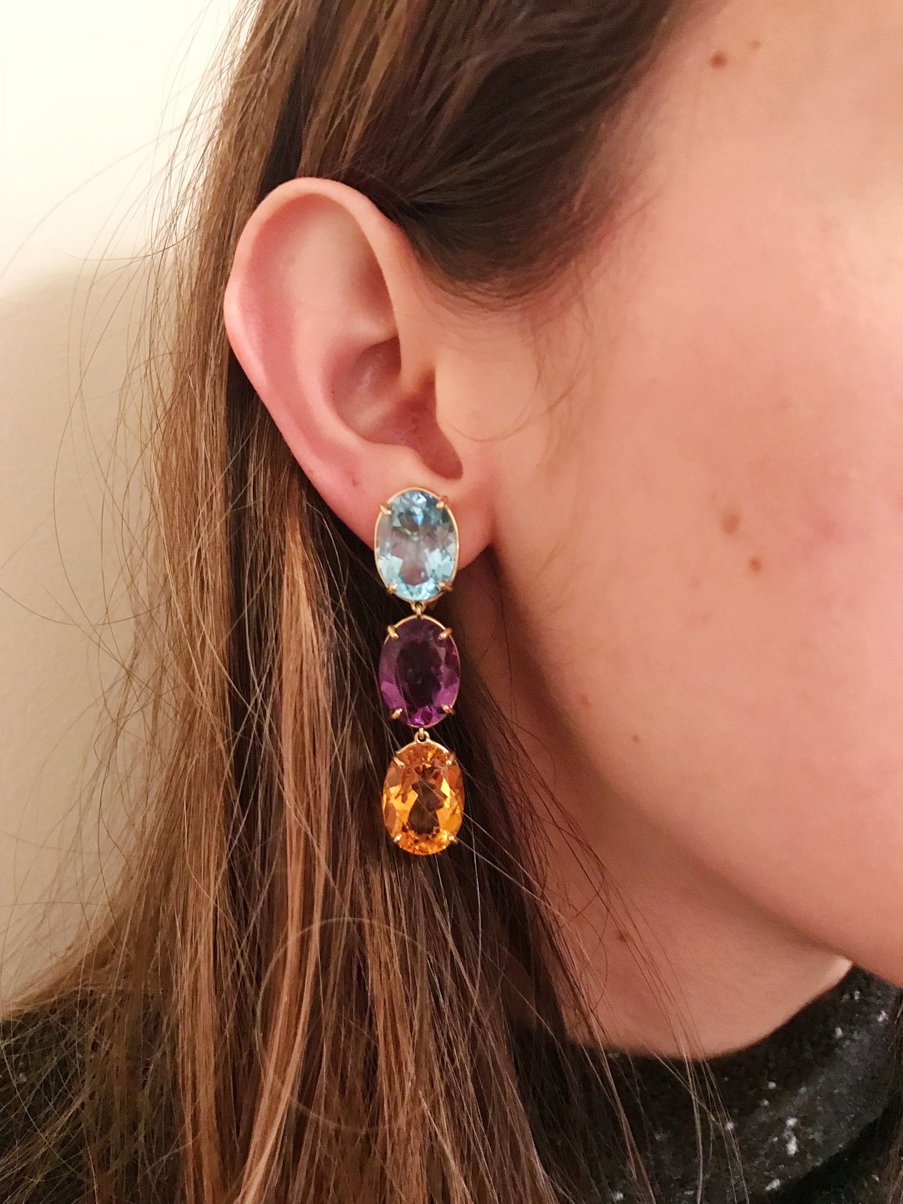 Elegant Three-Stone Drop Earring with Oval Citrine and Baroque Pearl