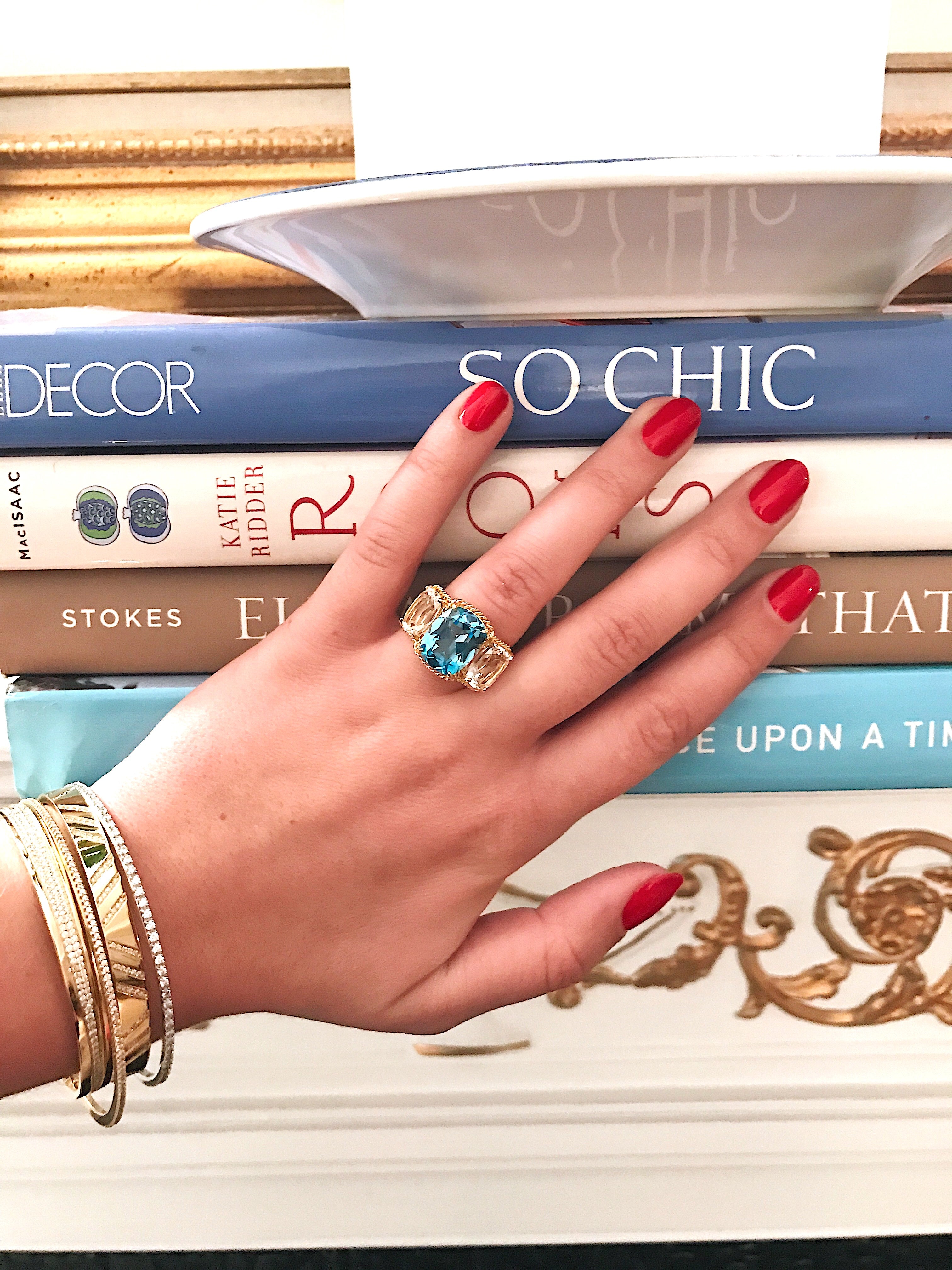 Elegant Three-Stone Ring with Gold Rope Twist Border