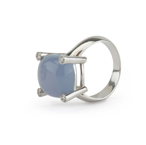 18kt White Gold Small Cushion Ring with Cabochon Chalcedony and Diamonds