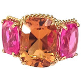 18kt Yellow Gold Three Stone Ring with Pink Topaz and Blue Topaz and Rope Twist Border