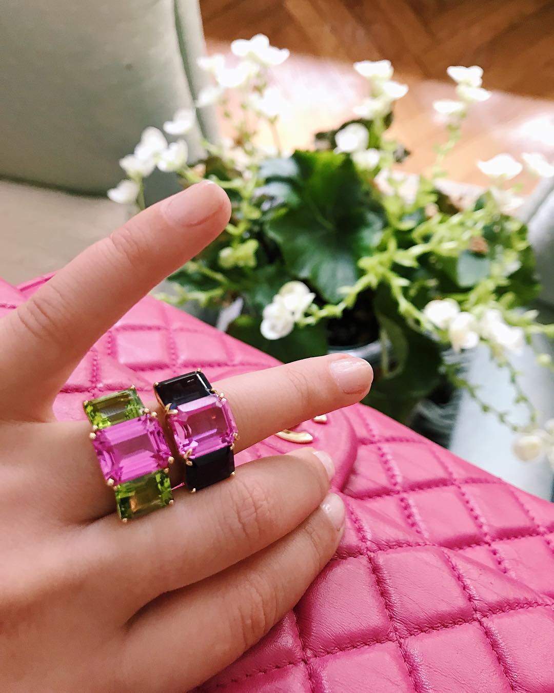 Yellow Gold Emerald Cut Ring with Pink Topaz and Iolite