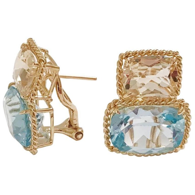 18kt Yellow Gold Cushion Cut Earring with Rope Twist Border with Green Quartz