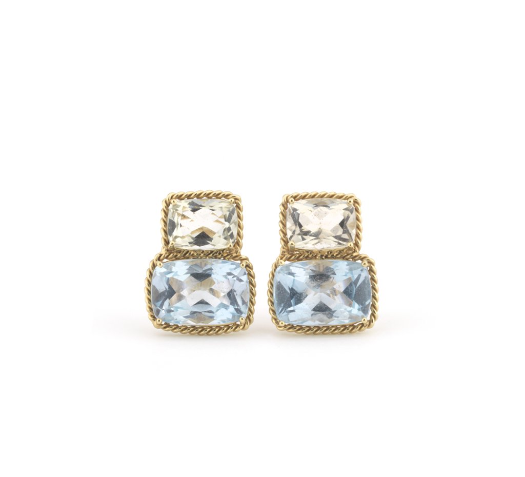 18kt Yellow Gold Cushion Rope Twist Border Earring with Citrine and Smoky Topaz