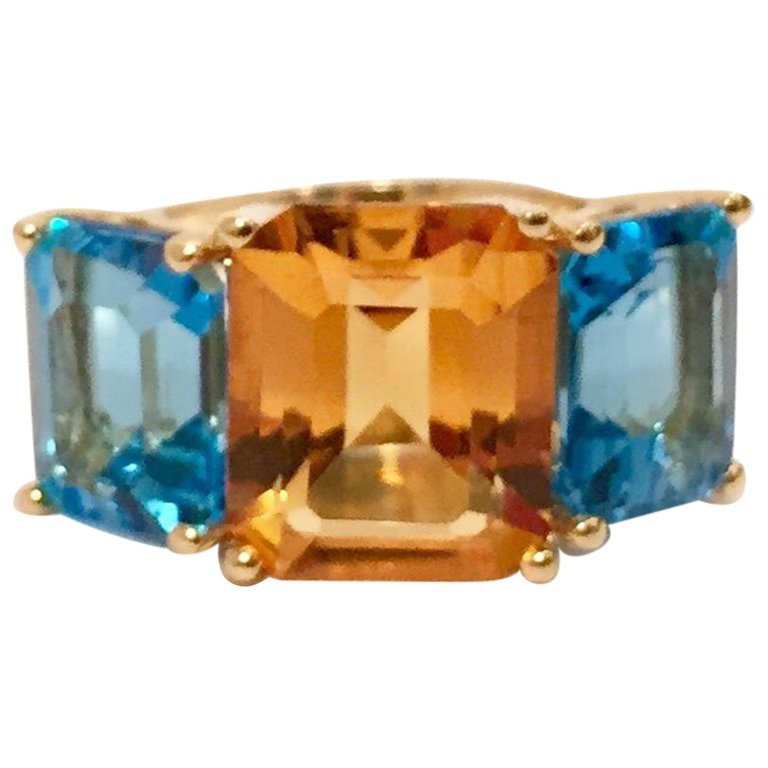 18kt Yellow Gold Mini Emerald Cut Ring with Pink Topaz and Blue Topaz