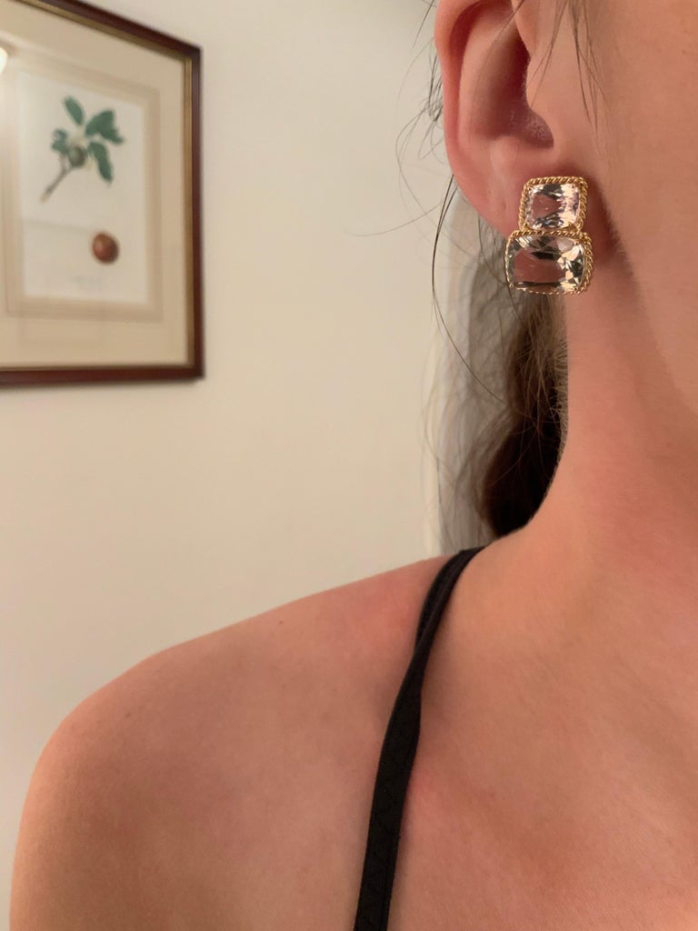 18kt Yellow Gold Medium Double Cushion Cut Earring with Rope Twist Border with Kunzite and Green Amethyst