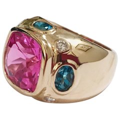 Bonheur Ring, Pink Topaz and Peridot and Diamond Yellow Gold Domed Ring