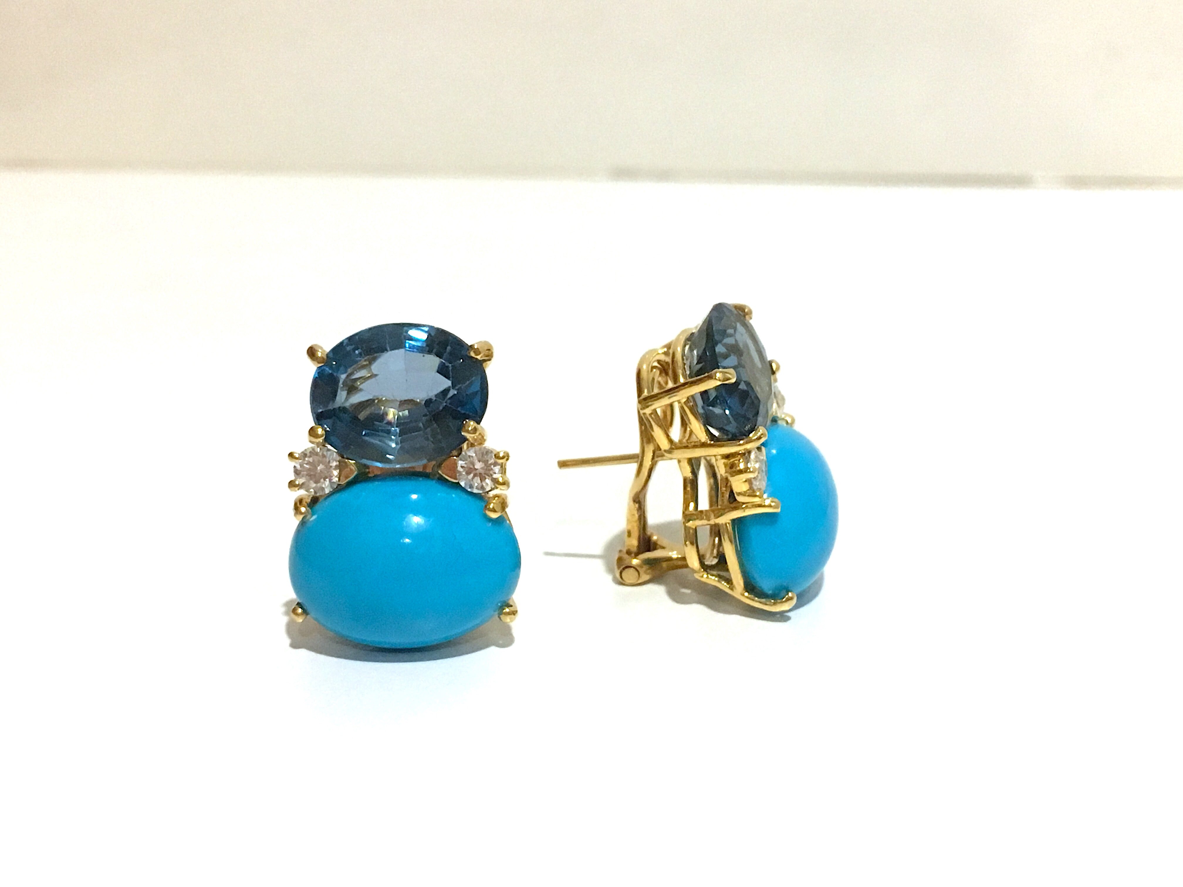 Yellow Gold Pear Drop Earring with White Jade and Bezel Set Turquoise Accent