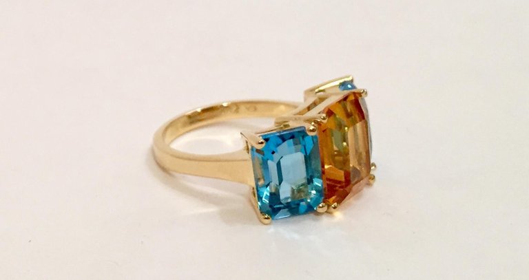 18kt Yellow Gold Mini Emerald Cut Ring with Orange Citrine and Blue Topaz