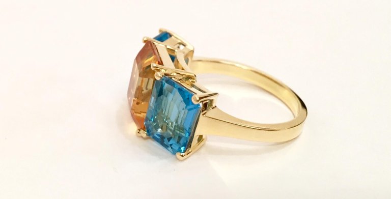 18kt Yellow Gold Mini Emerald Cut Ring with Pink Topaz and Blue Topaz