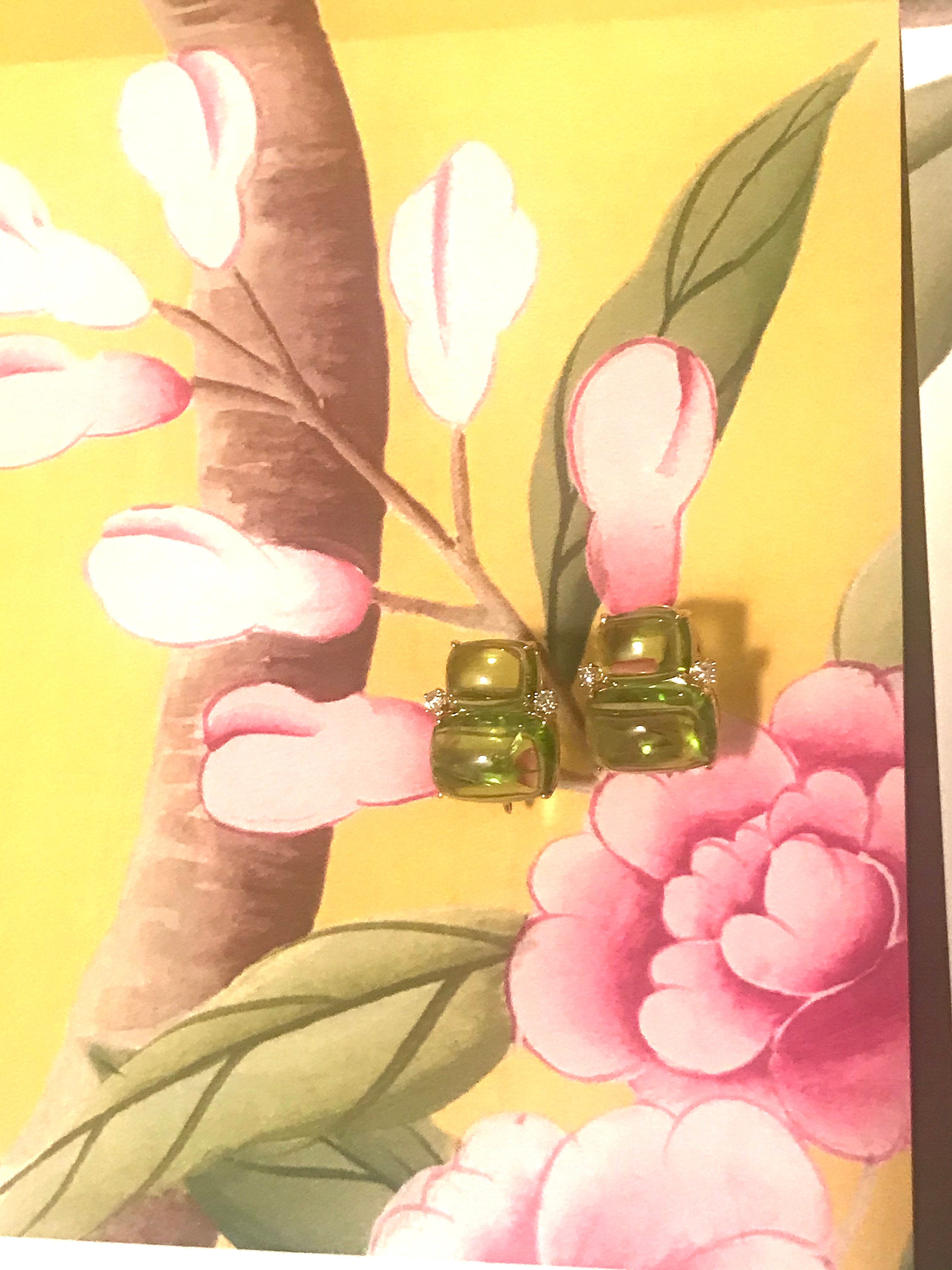 18Kt Yellow Gold Cushion Cut Cabochon Peridot Earrings with Diamonds
