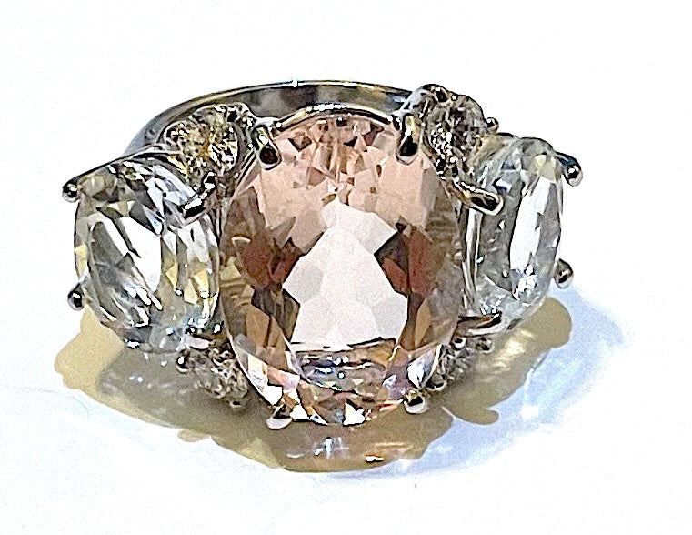 Large Platinum GUM DROP™ Ring with Morganite and Rock Crystal and Diamonds