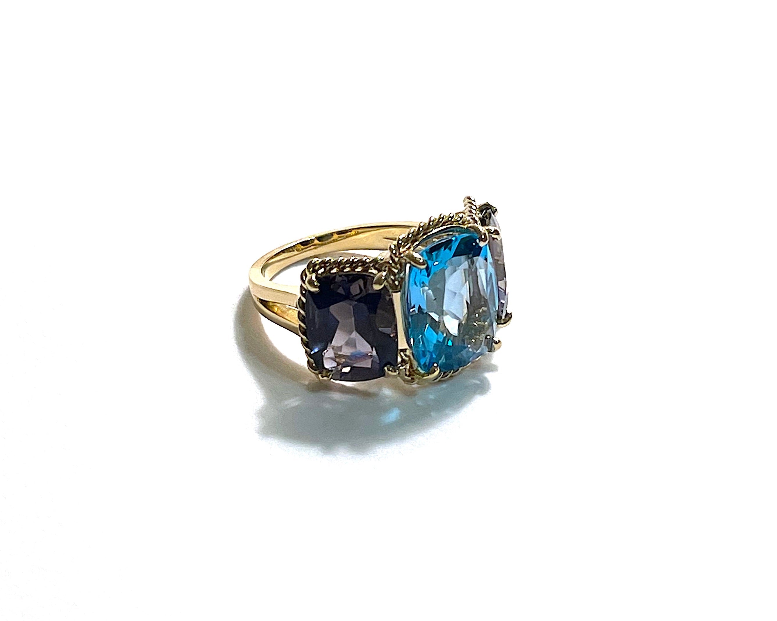 Blue Topaz and Iolite Three Stone Cushion Cut Ring