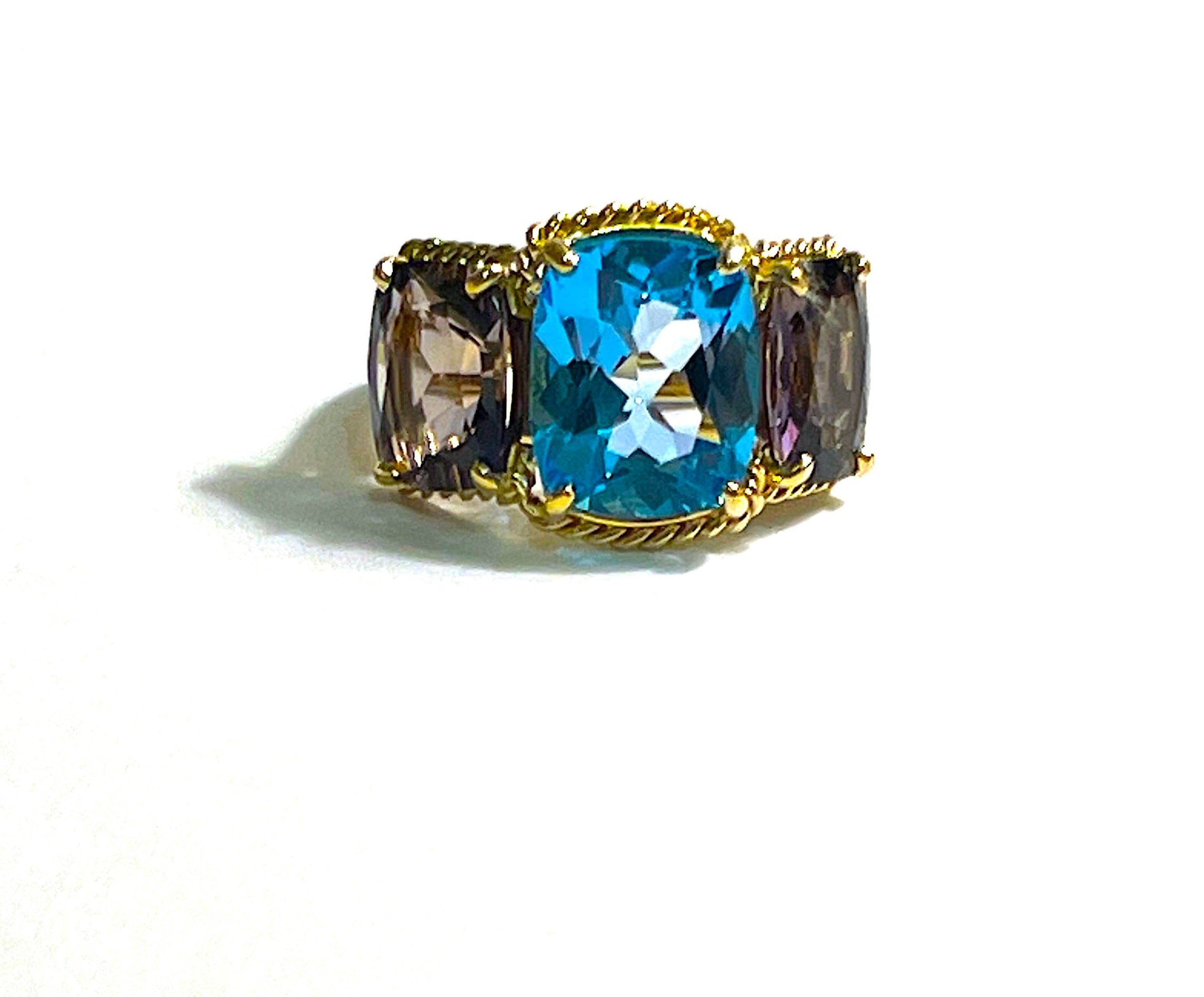 Pink Topaz and Rock Crystal Three Stone Ring with Rope Twist Border