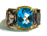 Blue Topaz and Iolite Three Stone Cushion Cut Ring