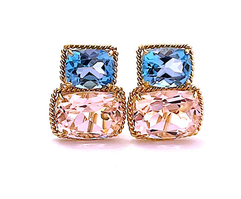 18kt Yellow Gold Medium Cushion Cut Earring with Rope Twist Border with Blue Topaz and Pink Topaz