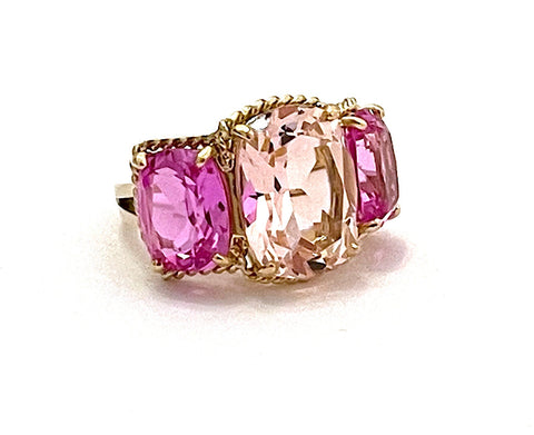 18kt Yellow Gold two tone Pink Topaz Three Stone Ring with Rope Twist Border