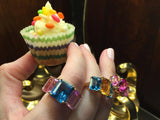 18kt Yellow Gold Emerald Cut Ring with Peridot and Pink Topaz