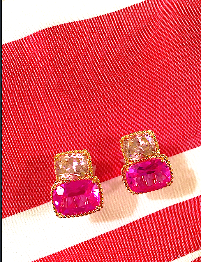 18kt Yellow Gold Medium Cushion Cut Earring with Rope Twist Border with Blue Topaz and Pink Topaz