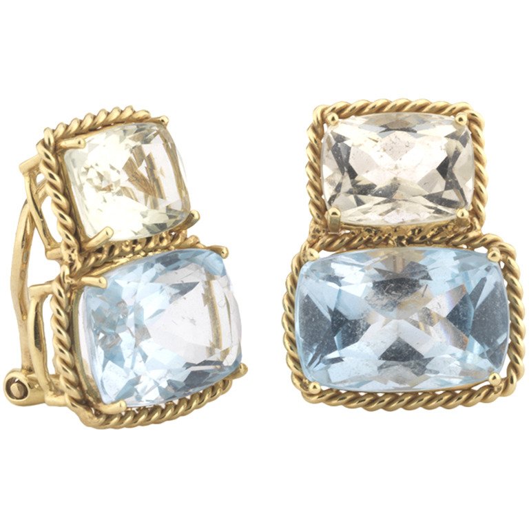 18kt Yellow Gold Medium Double Cushion Cut Earring with Rope Twist Border with Kunzite and Green Amethyst
