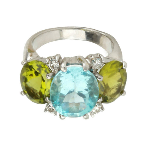 Medium 18kt White Gold Gum Drop Ring with Blue Topaz and Peridot