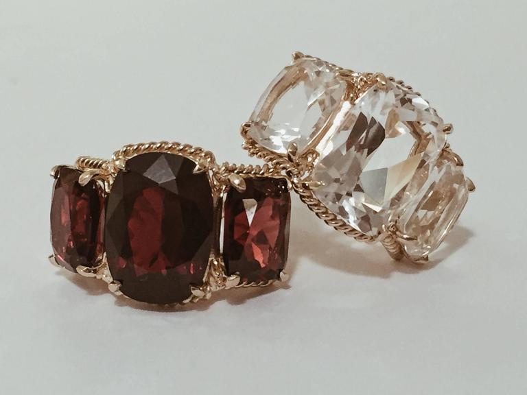 Pink Topaz and Rock Crystal Three Stone Ring with Rope Twist Border