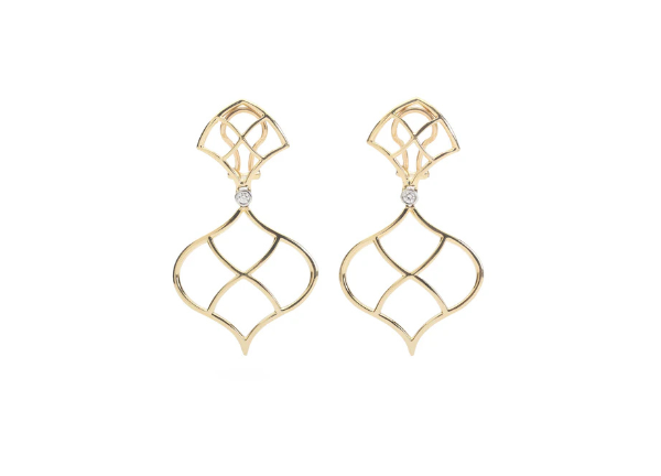 Gold dangle wire earring with diamond accent
