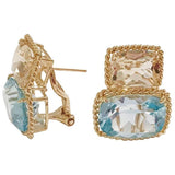 18kt Yellow Gold Blue Topaz and Rock Crystal Three Stone Ring with Rope Twist Border