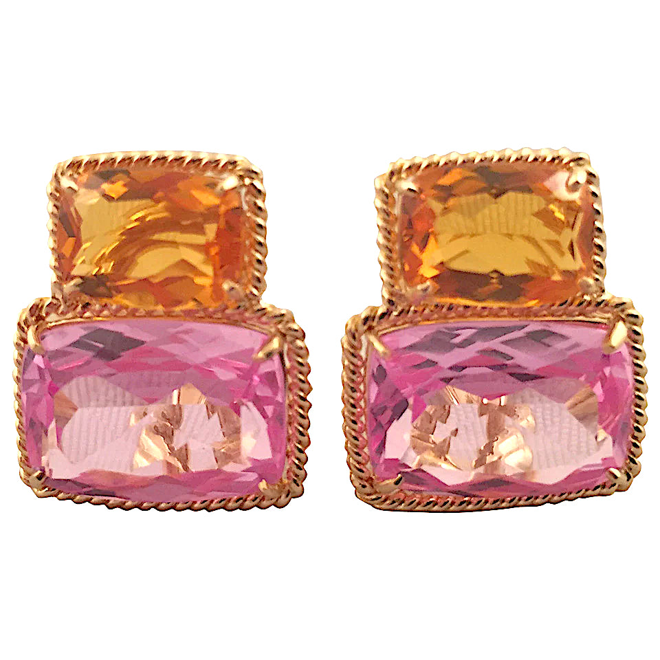 Yellow Gold Double Cushion Earrings with Rock Crystal and Smoky Topaz