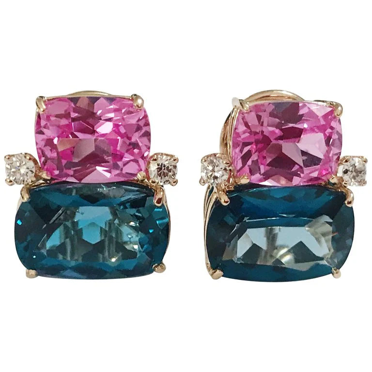 Yellow Gold Double Cushion Earrings with Rock Crystal and Smoky Topaz