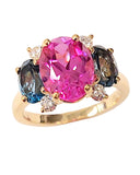 Bonheur Ring, Pink Topaz and Peridot and Diamond Yellow Gold Domed Ring