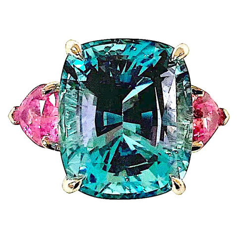 Gorgeous Aquamarine and Pink Topaz Three-Stone Ring set in White Gold